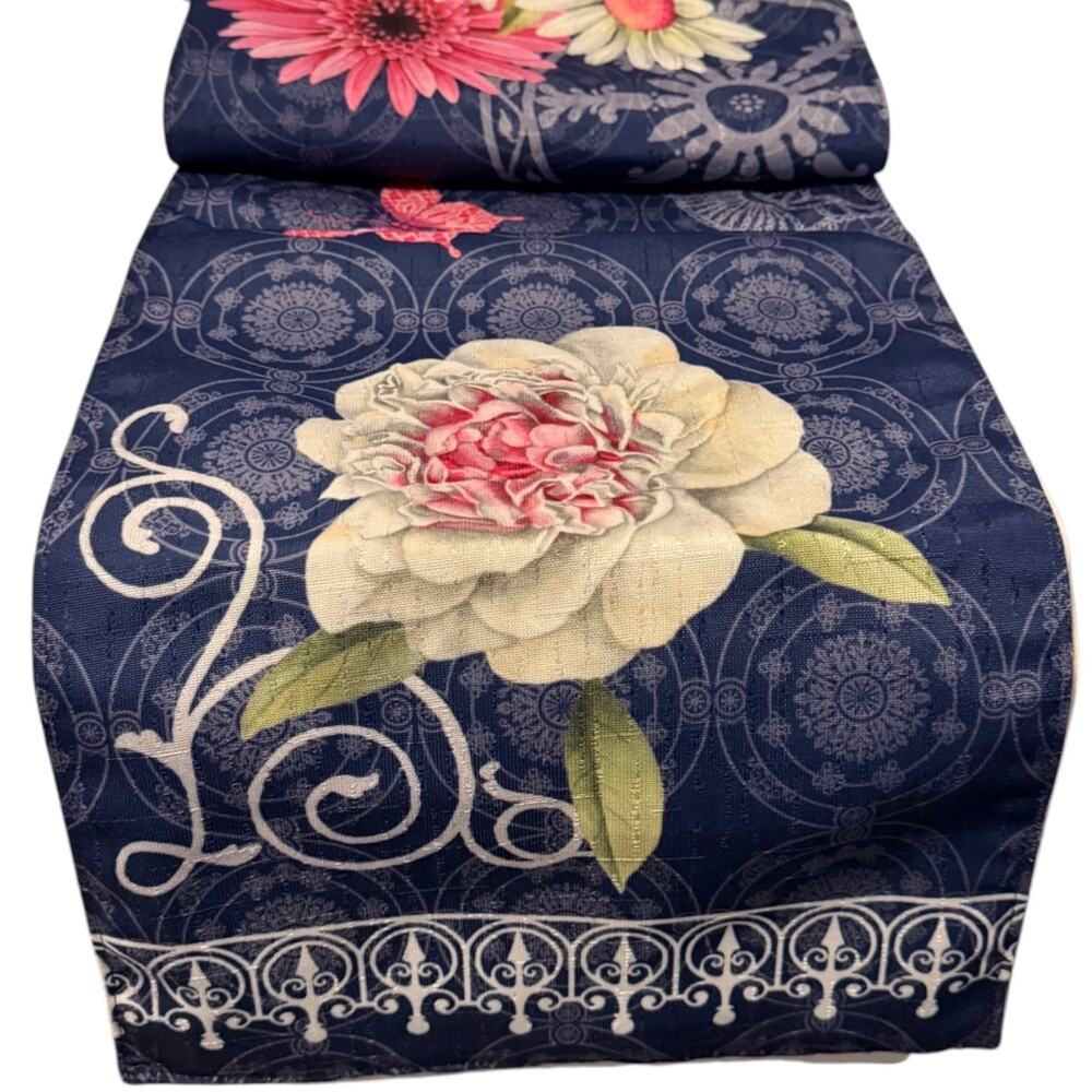 Sandy Clough Home Table Runner Lined Spring Decor Peonies Made in USA 72" NWT